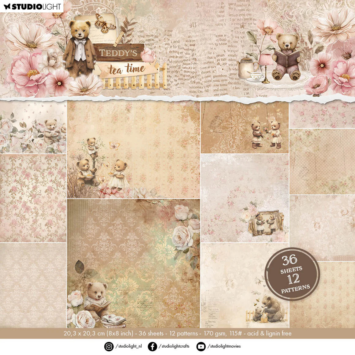 Studio Light - Teddy's Tea Time - Design Paper Pad - 12 patterns