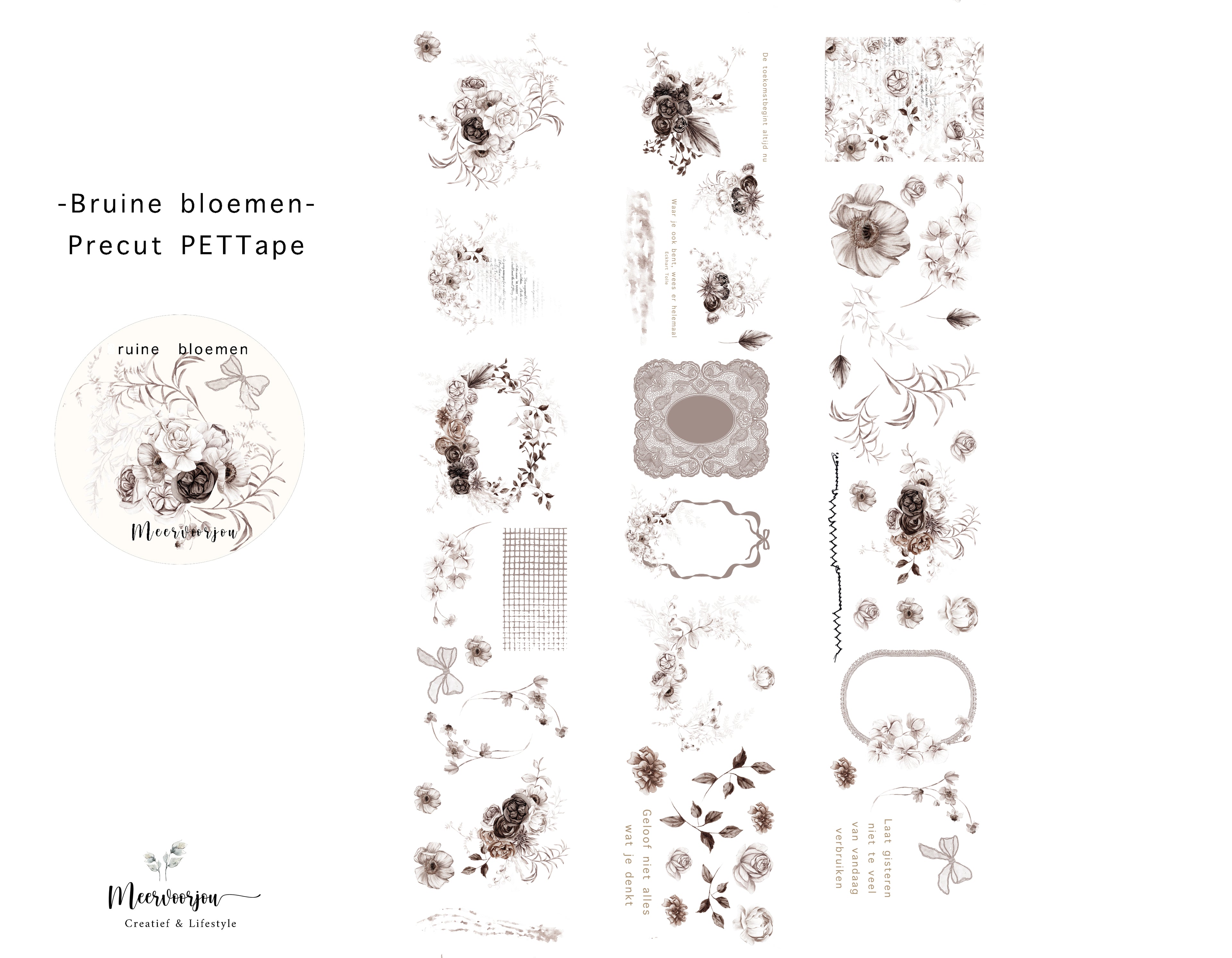 Pre-cut PETTape - Bruine bloemen