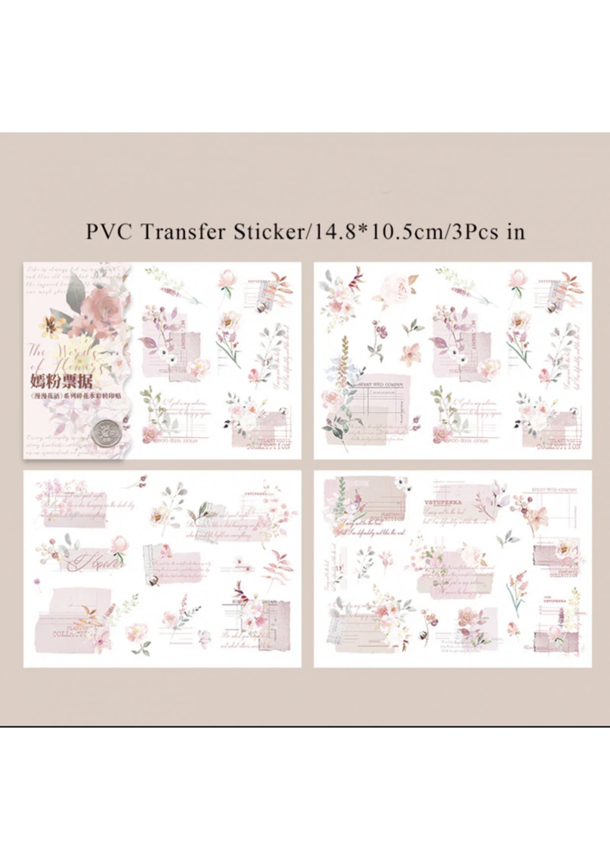 Rub-on stickervellen met tekst en bloemen - roze