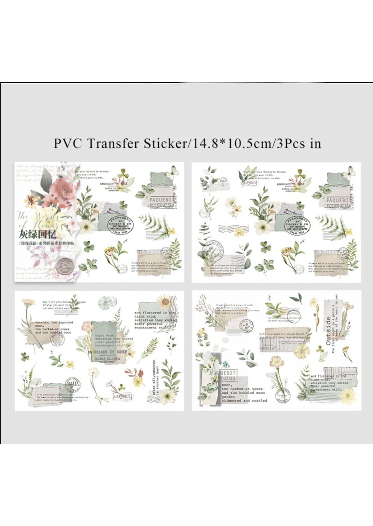 Rub-on stickervellen met tekst en bloemen - groen