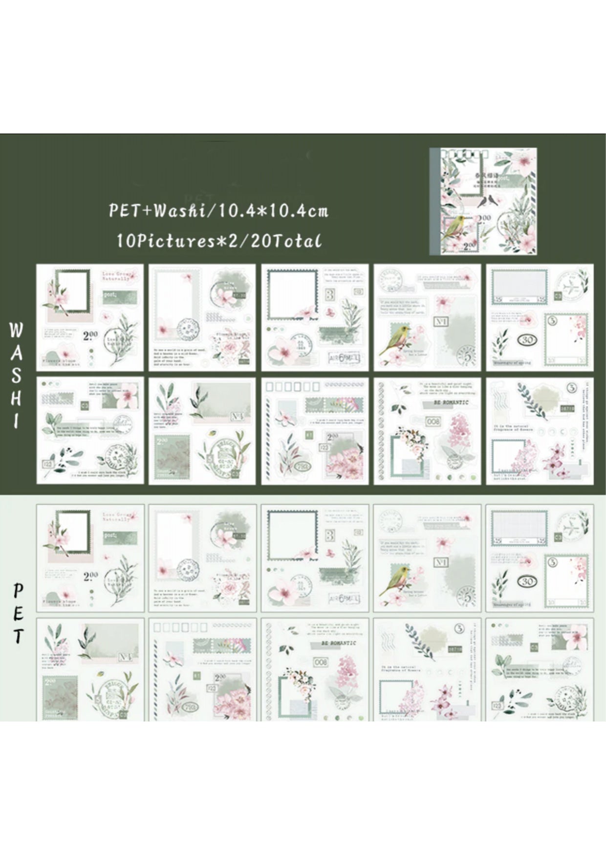 Stickerboekje met bloemen Washi-PETTape -   groen/roze